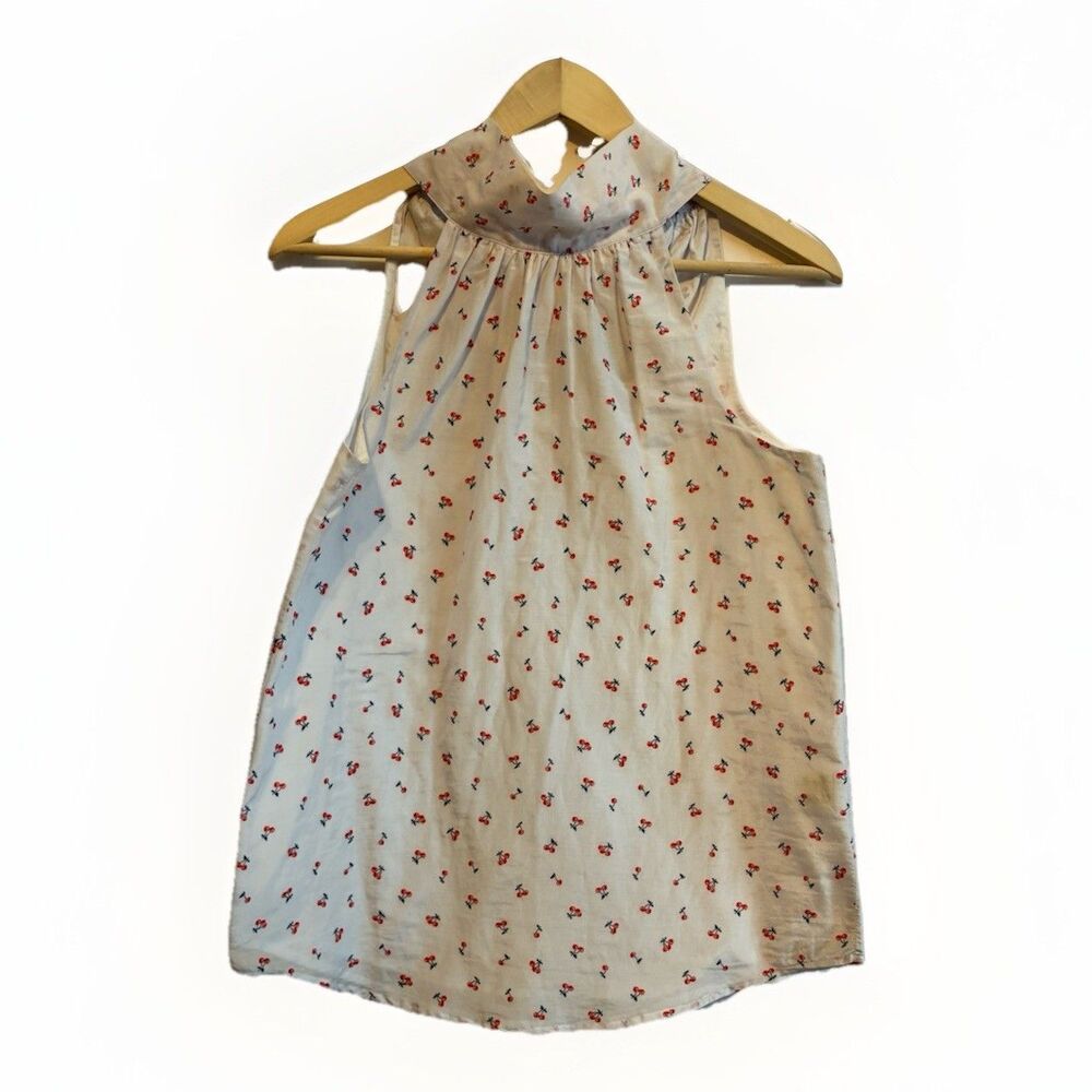 J.Crew Size 0 Cherry Print Sleeveless Tie Neck Cotton Silk Blouse Top